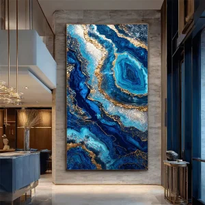 Blue And Gold Agate Oil Painting Abstract Marble Texture Wall Art For Villa Decor