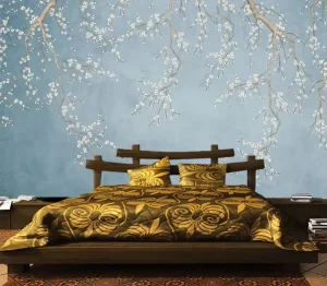 Blue Blossom Modern Waterproof Embossed Textured Floral Tree Wallpaper Mural for Living Room Bedroom Decor
