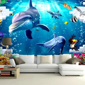 Blue Embossed 3D Underwater World Adhesive Wallpapers for Children’s Room