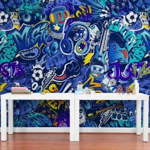Blue Graffiti 3D Silk Self Adhesive Wallpaper Modern Waterproof Anti Static Home Decoration for Living Room Luxury