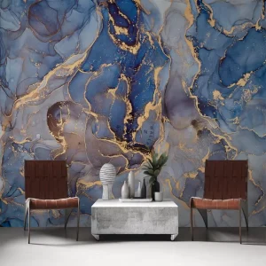 Blue Marble Self Adhesive Wallpaper 3D Gold Abstract Smoke Mural