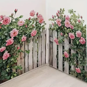 Bohemian Floral Wooden Fence Wall Decal Self-Adhesive Removable PVC Sticker with Pink Roses and Greenery for Doors Windows Decor