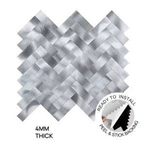 Brushed Silver Herringbone Peel and Stick Tiles Industrial Waterproof Metal Mosaic Wall Panels for Modern Home Decor