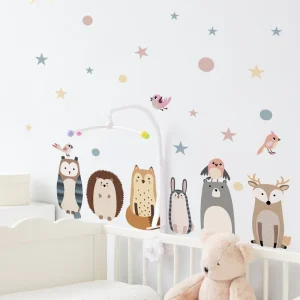 Cartoon Bear Fox Hedgehog Wall Stickers Cute Stars Dots Decals Creative Kid’s Bedroom Wallpaper Children’s Decorative Murals