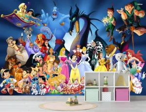 Cartoon Characters Wall Mural Peter Pan Princess Mickey Mouse Nursery Kids Room Wall Decor for Bedroom Playroom Wall Design
