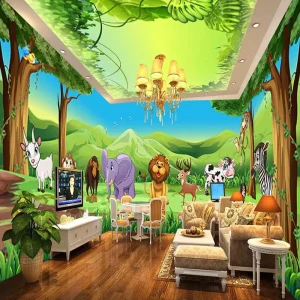 Cartoon Children’s Room Kindergarten Background Wallpaper 3D Cute Animals Boy Baby Room Mural Green Forest Wallpaper