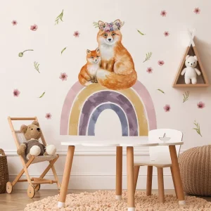Cartoon Cute Fox With Rainbow Printed Wall Sticker Baby Kid’s Room Living Room Decoration PVC Self-Adhesive Wallpaper