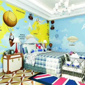 Cartoon Map Hot Air Balloon Airplane Waterproof Paper Wall Mural for Kids Baby Nursery Bedroom Decor