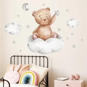 Cartoon Moon Sleeping Bear PVC Wall Stickers Dreamy Cloud and Star Decals for Kids Bedroom and Nursery Removable DIY Wall Art