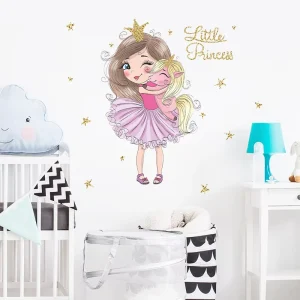 Cartoon Princess and Unicorn Wallpaper Girl’s Bedroom Decorative Sticker Removable Kid’s Living Room Wall Mural