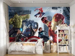 Cartoon Superhero Wall Mural Iron Man Hulk Spider-Man Pattern Wall Decor for Boys Bedroom Home Theater Commercial Play Space