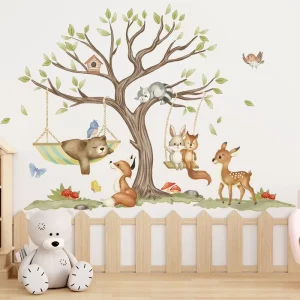 Cartoon Woodland Animal 3D PVC Wallpaper Sticker Peel and Stick Wall Decal for Baby Kids Room Home Decoration