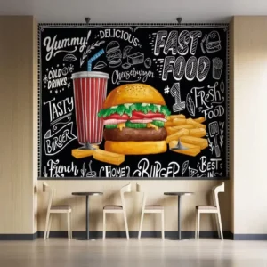 Chalkboard Burger Non Woven Wall Paper Mural Custom Size Fast Food Art for Calming Kitchen Diner Fire Resistant