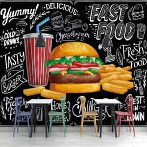 Chalkboard Fast Food Peel and Stick Wallpaper Mural Custom Size Burger Fries Wall Decor for Kitchen Diner Removable