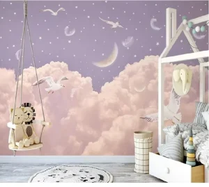 Children Room Decoration Wall Paper Backgrounds Pink Sky 3D Mural Wallpaper for Girls Kids Room