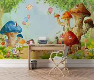 Children’s Fairy Tale Mushroom House Cartoon Wallpaper Playful Bear Colorful Balloon Design Kids Room Decor Wallpaper