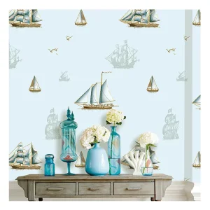 Children’s Geometric Pattern Sailboat Wallpaper for Bedroom Non-Woven Interior Wall Decorative Wallpaper for Boys’ Room