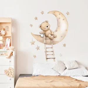 Children’s Room Decoration Bedroom Wall Decals Baby Nursery Room Wallpaper Murals Teddy Bear on Moon Wall Stickers for Kids Room