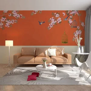 Chinese 3D Silk Wall Mural Bedroom Living Room Household Decoration Easy Anti-Static Moisture-Proof Orange Floral Bird Wallpaper