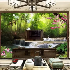 Chinese Landscape Waterfall Tree 3D Scenery Wallpaper Murals