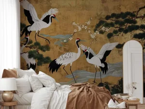 Chinese Style Vibrant Golden Red Crowned Crane & Pine Wallpaper Mural Home Hotel Living Room Bedroom Interior Wall Decor