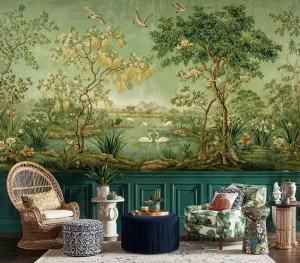 Chinoiserie Green Lake Swan Wall Paper Vintage Botanical High Definition Wallpaper for Living Room Bedroom Hotel Lobby Removable