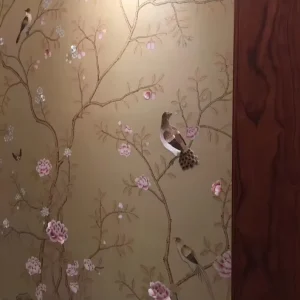 Chinoiserie Handpainted Wallpaper with Partial Hand Embroidery Custom Size Nature Botanical Scenery Wallpaper Mural Covering