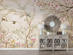Chinoiserie Inspired Blossom and Bird Mural Custom Soft Neutral Botanical Wallpaper for Elegant Home Interiors Peel and Stick