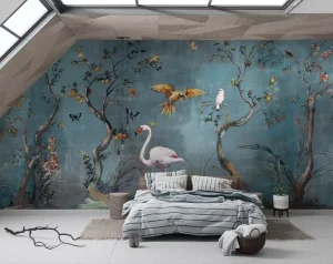 Chinoiserie Wallpaper Eco-friendly Flamingo Colorful Bird Fruit Tree Floral Wall Covering for Living Room Bedroom Home Decor