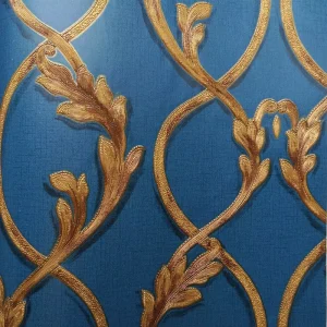 Classic Blue Scroll Design Non Woven Paper Bedroom Wallpaper Moisture Proof for Living Room and Villa Traditional Style