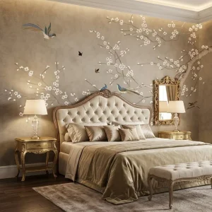 Classic Chinese Embroidery Floral Wallpaper Brown Plum Blossom Magpie Bird Hand Embroidered Design Mural for Bedroom Hotel Home