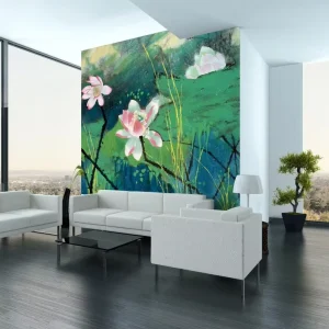 Classic Lotus Floral Design Digital Printing Non Woven Wallpaper Moisture Proof for Living Room and Villa