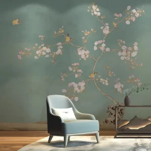 Classical Chinese Floral Bird High Density Seamless Wall Cloth Removable Self Adhesive Waterproof ECO Friendly UV Printed Indoor