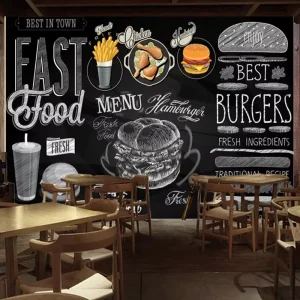 Coffee Milk Tea Shop Decoration Custom 3D Retro Wallpaper Fashion Fast Food Burger Wall Mural Suitable for Restaurant Pattern