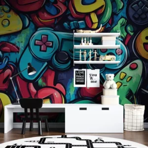 Colorful Gaming Graffiti Non Woven Mural Custom Size Retro Video Game Wallpaper for Boys Bedroom Game Room Removable Wall Art