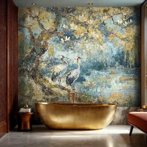 Crane and Flower Landscape Wallpaper New Chinese Artistic Style Mural for Home Hotel Living Room Interior Wall Decor
