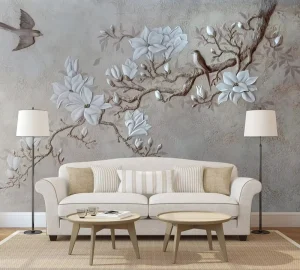 Custom 36D Embossed Printing Waterproof Fabric Floral Birds Wall Mural Wallpaper for Home Interior Decoration
