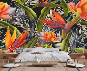 Custom 36D Lead Technology Embossed Printing Wall Paper Mural Hand Painted Eco Friendly Tropical Botanical Floral WallPaper Mural