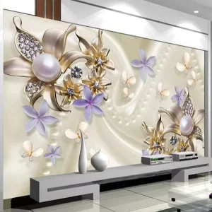 Custom 3D Floral Wallpaper Mural European Style Pearl and Diamond Flowers Waterproof Living Room Background Wallpaper