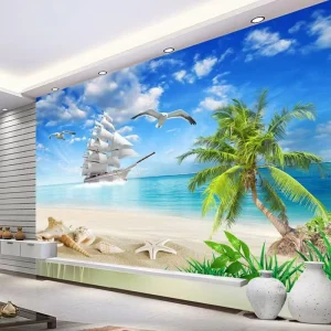 Custom 3D HD Mural 5D Beach Scenery Seascape Coconut Tree Wall Cloth for Living Room TV Background