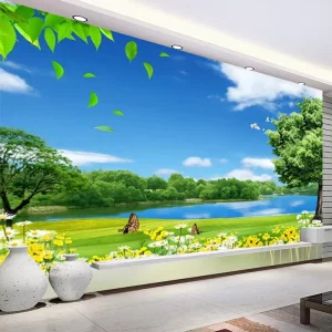 Custom 3D Photo Wallpaper Blue Sky White Clouds Meadow Lake Water Tree Flowers Nature Landscape Wall Mural Wallpapers Home Decor