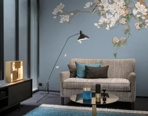 Custom 3D Print Chinoiserie Luxury Silk Wallpaper Mural Chinese Handpainted Flower Floral Flying Bird Wall Wallpaper Mural Paper