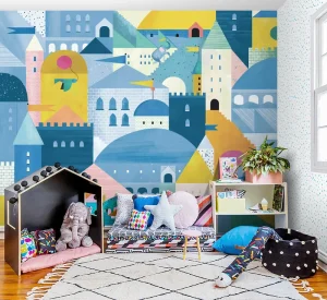 Custom 3D Printed Cartoon City Landscape Waterproof Eco Friendly Kids Bedroom Wall Mural with Easy DIY Installation for Home