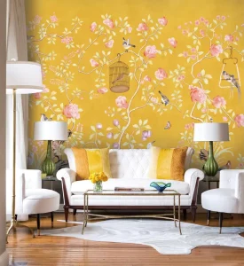 Custom 3D Printed Chinoiserie Silk Wallpaper Mural Hand Painted Chinese Flying Bird Floral Butterfly Wall Paper Mural Painting