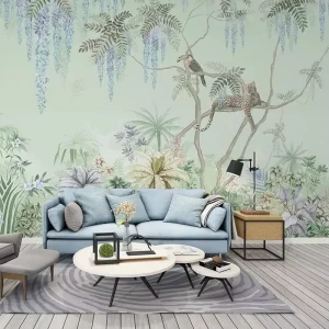 Custom 3D Printed Waterproof Tropical Jungle Mural Wall Stickers with Leopard Animal Print for Bedroom