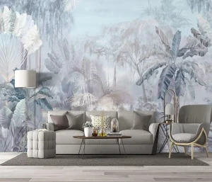 Custom 3D Printed Waterproof Wall Mural Peel & Stick Tropical Jungle Plant Tree Leaf Floral Leopard Bird Design for Bedroom