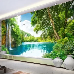Custom 3D Wall Mural Wallpaper Home Decor Green Mountain Waterfall Nature Landscape 3D Photo Wall Paper Peel and Stick