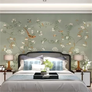 Custom 3d Chinoiserie Embroidery Silk Wallpaper Mural Hand Painted Nature Landscape Chinese Flower Flying Bird Wall Paper Mural