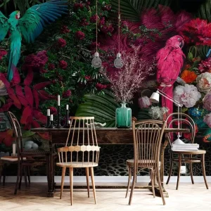 Custom Chinese Flower Macaw Movable Wallpaper Mural in an Exotic Jungle Setting