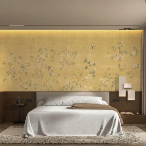 Custom Chinese Style Yellow Floral & Bird Chinoiserie Wallpaper Peony & Sparrow Botanical Wall Paper for Bedroom Hotel